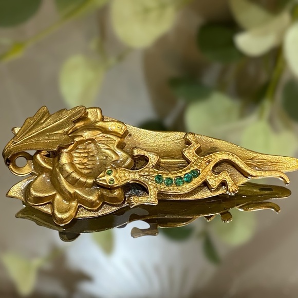 Antique C Clasp Victorian Lizard Gecko Salamander Brooch Green Paste Rhinestones - Picture 5 of 8
